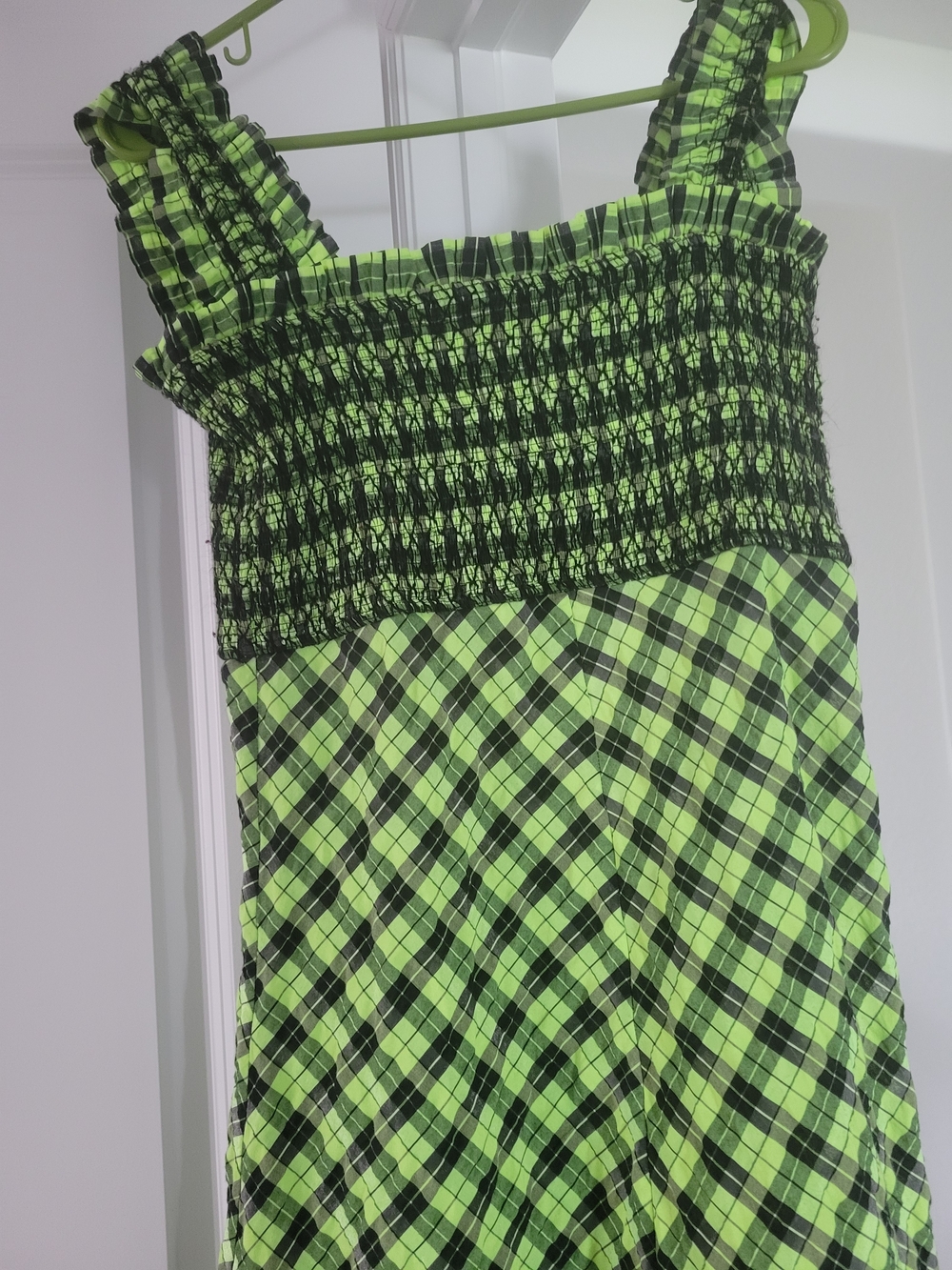 Ganni Neon Green and Black Plaid Smocked Maxi Dress - Picture 2 of 7